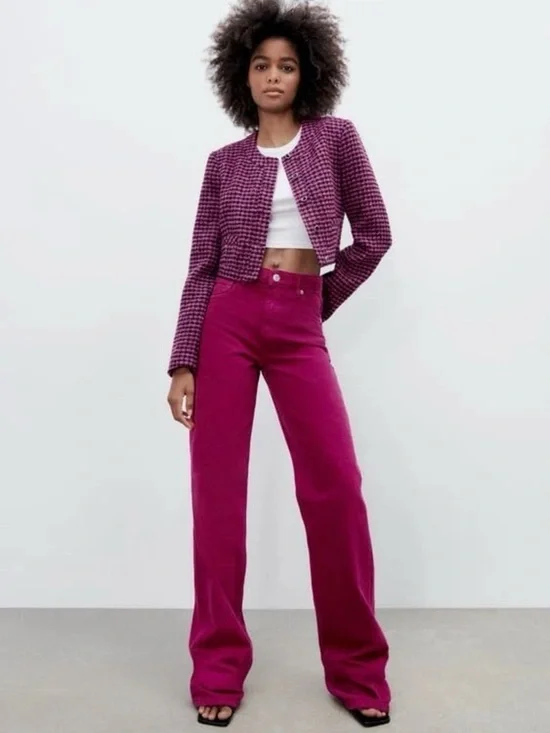 NWT ZARA Pink Houndstooth Cropped Fitted Tweed Jacket/ Blazer. Size M - Picture 7 of 14